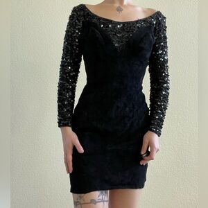 Black beaded open back suede long sleeve above the knee formal holiday dress